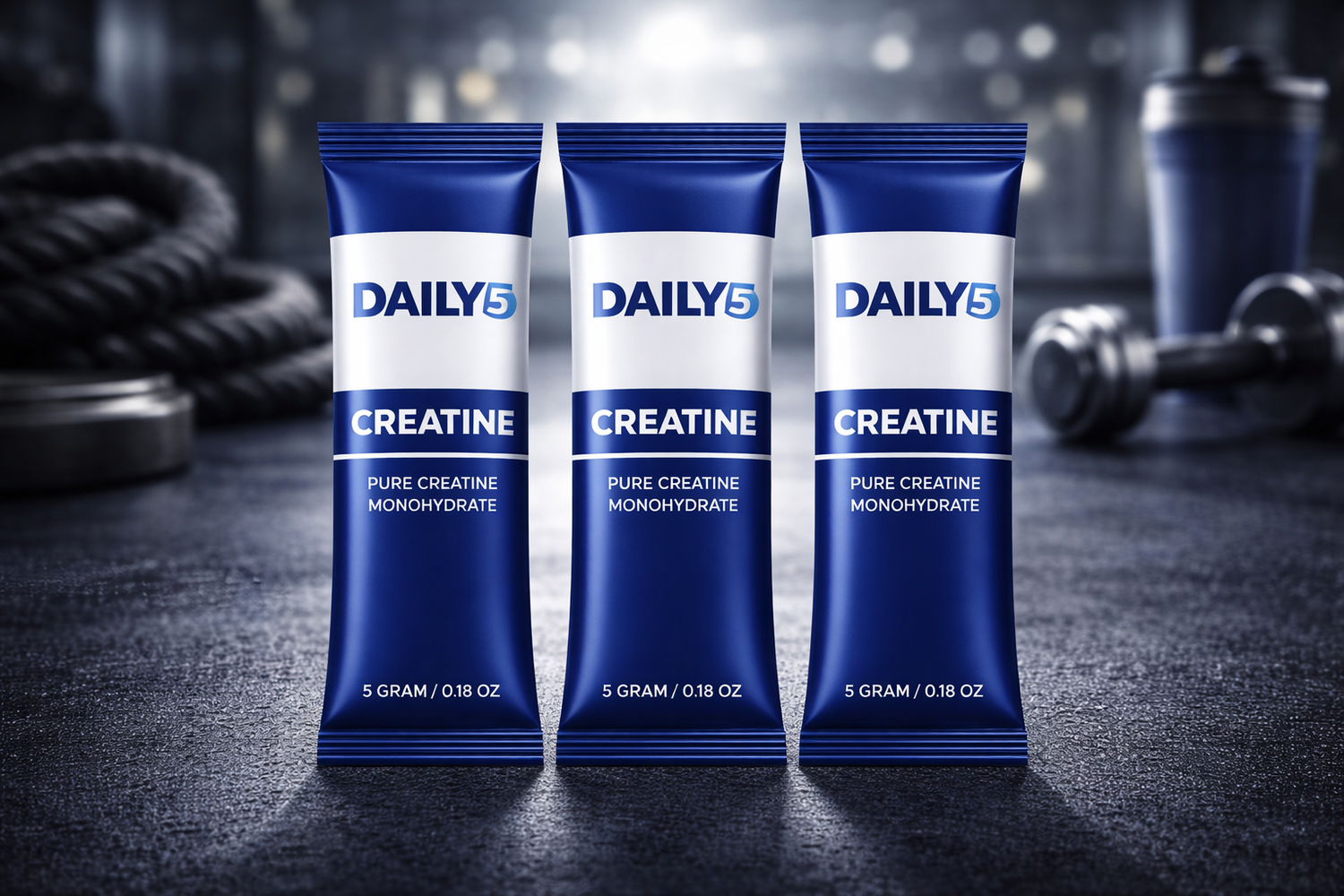 Produktbillede: 3 poser Daily5 Creatin Monohydrat i et fitness miljø.